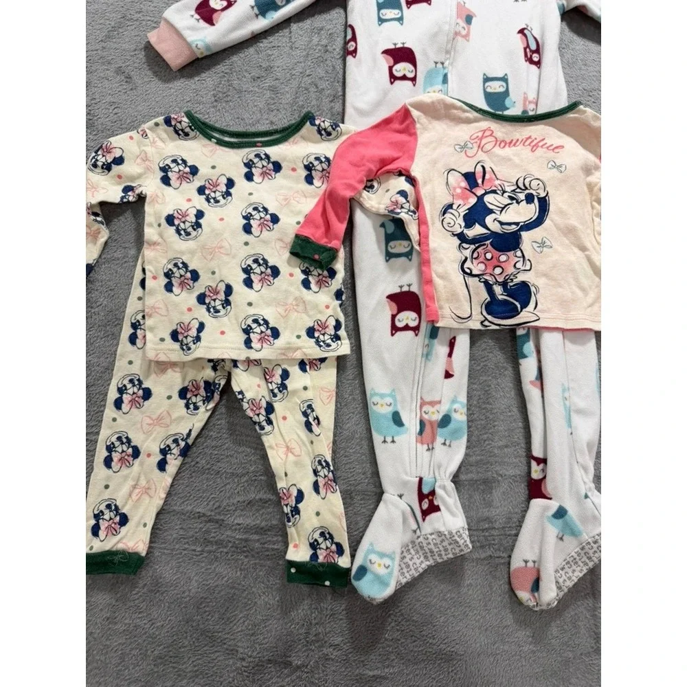 Disney Minnie‎ Mouse 2T Pajama Set & Carters 3T Owl Fleece Footed Sleeper Bundle